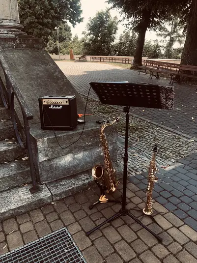  Koncert na świeżym powietrzu z saksofonami i wzmacniaczem na tle miejskiego parku. 