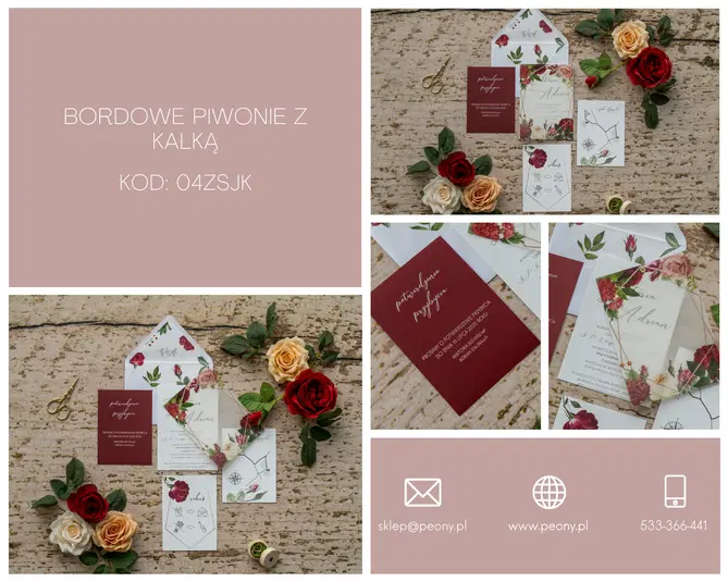  Zaproszenia ślubne bordo z kalką, kwiatowe motywy, elegancki projekt, kod produktu 04ZSJK, bordowe piwonie, kontakt sklep@peony.pl. 