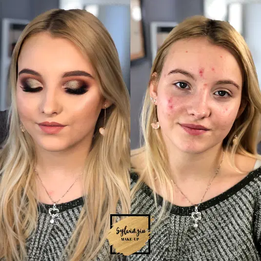  Before and after makeup transformation, highlighting dramatic eye makeup and smooth complexion improvement on a young woman with blonde hair. 