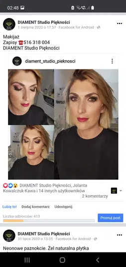  Makijaż glamour w Diament Studio Piękności, profesjonalny wygląd, intensywny makijaż oczu z ciemnym cieniem i eyelinerem, czerwona szminka, stylizacja wieczorowa. 