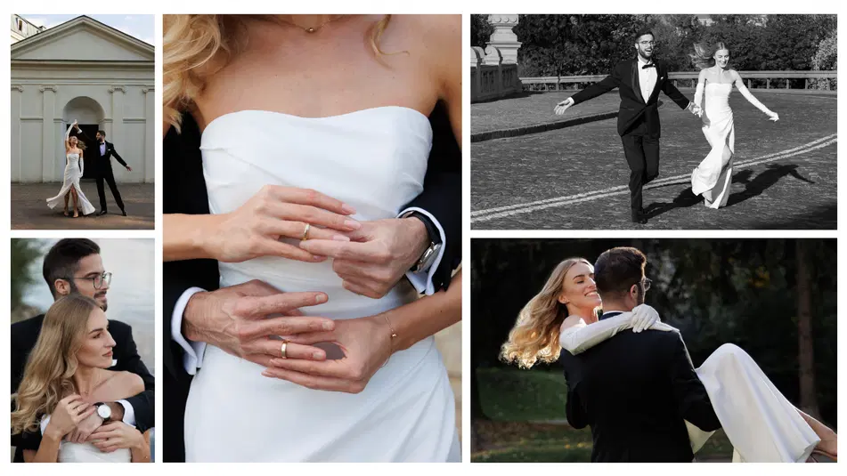  Młoda para w eleganckich strojach ślubnych podczas sesji zdjęciowej na świeżym powietrzu; romantyczne ujęcia obejmujące taniec, zbliżenia dłoni z obrączkami oraz chwile radości i bliskości. 