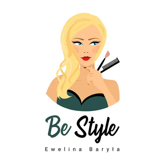  Logo Be Style - Ewelina Baryła, grafika przedstawiająca blond kobietę z makijażem i akcesoriami do stylizacji włosów. 