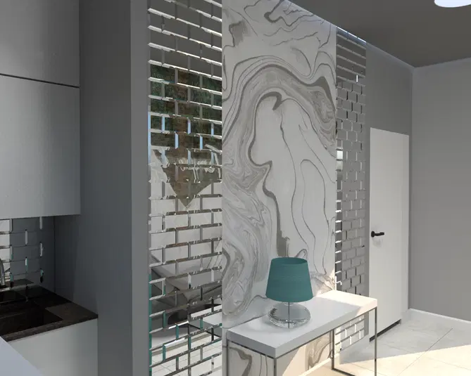  Nowoczesne wnętrze z designerską ścianą wyłożoną wzorem imitującym marmur i szklanymi cegłami, białe biurko z elegancką niebieską lampą, minimalistyczny styl. 