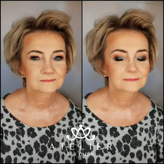  Profesjonalny makijaż dla dojrzałej kobiety, metamorfoza w Atelier Urody, make-up dzienny, podkreślone oczy i naturalne usta. 