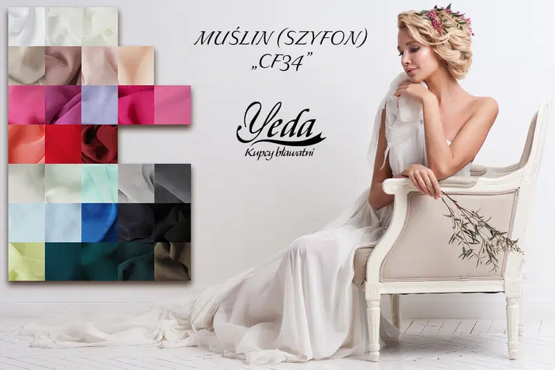  Muślin szyfon CF34 w różnych kolorach, elegancka kobieta w białej sukni na kremowym fotelu, kolekcja tkanin Yeda. 