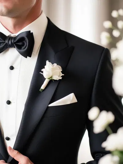  Czarno-biały smoking z muszką i białą różą jako butonierka na eleganckim weselu. 