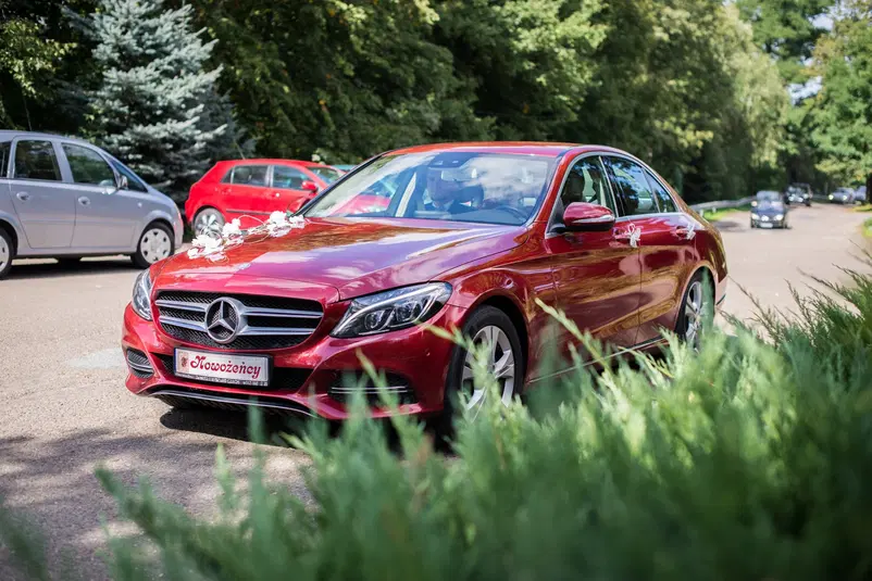  Czerwony samochód ślubny marki Mercedes, dekorowany kwiatami, na tle drzew i zaparkowanych aut. 