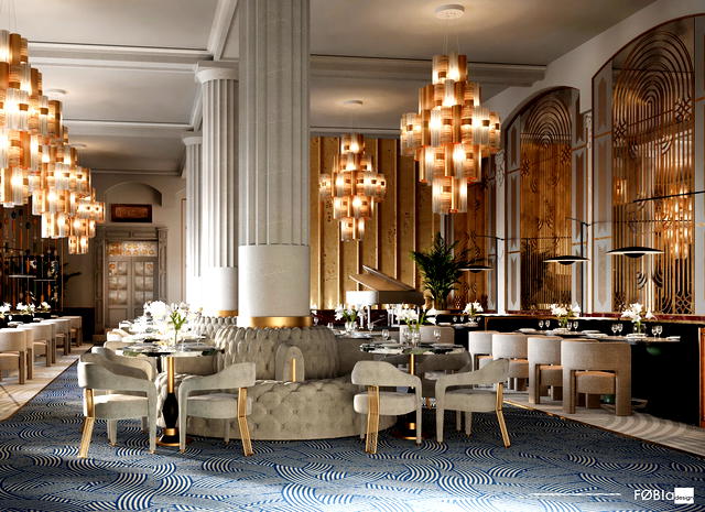  Luksusowa restauracja z eleganckim wystrojem wnętrza, ozdobnymi żyrandolami i stylowymi meblami, wytworna aranżacja przestrzeni. 