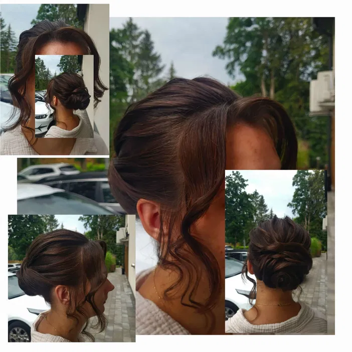 Upięcie włosów, elegancka fryzura, romantyczne fale, brązowe włosy, stylizacja wieczorowa, fryzura ślubna, fryzjerstwo artystyczne, klasyczna elegancja.