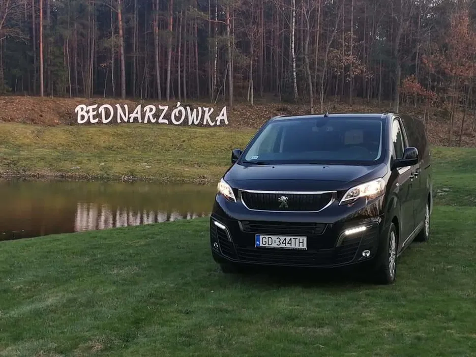 Czarny van Peugeot zaparkowany na trawie przed napisem Bednarzówka, w tle las.
