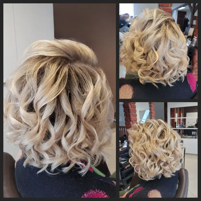 Blond włosy, krótkie loki, fryzura na co dzień, kobiecy styl, kreatywne uczesanie, modne loki, salon fryzjerski.