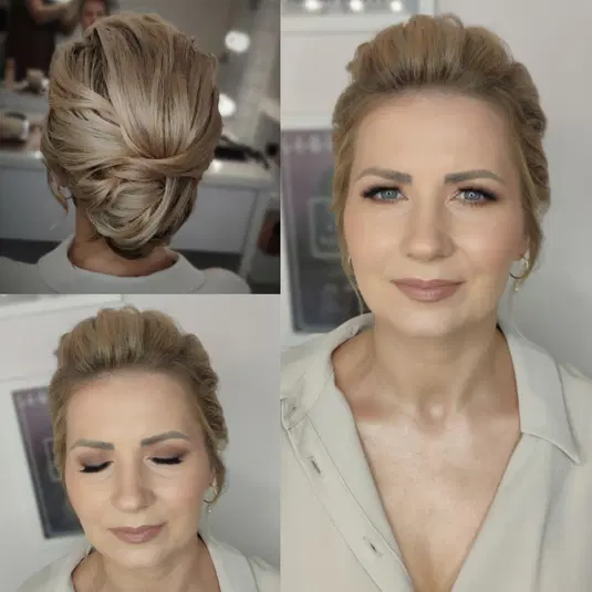  Professionally styled updo hairstyle with makeup, featuring intricate blond hair twist, natural makeup look with neutral tones and subtle eye makeup, perfect for elegant occasions. 