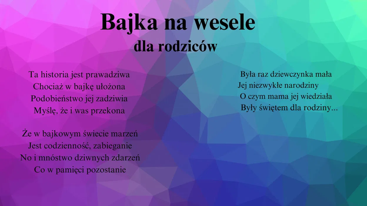Bajka na wesele dla rodziców – tekst na kolorowym tle, różne odcienie fioletu i niebieskiego, poezja weselna.