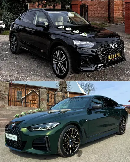  Eleganckie samochody ślubne Audi i BMW w dekoracjach kwiatowych na świeżym powietrzu – idealny wybór dla młodej pary. 