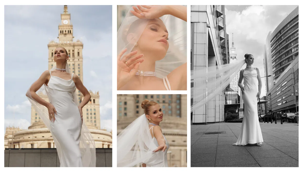 Elegancka panna młoda w ślubnej sukni na tle nowoczesnej architektury Warszawy, Pałac Kultury w tle, stylizacja ślubna, moda ślubna.