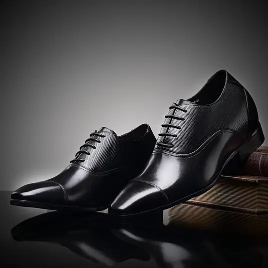  Czarne eleganckie buty męskie, lakierowane, na tle szarego gradientu, wyeksponowane na książkach, widok z profilu. 