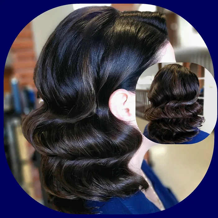 Fryzura z eleganckimi falami na ciemnych włosach w stylu vintage