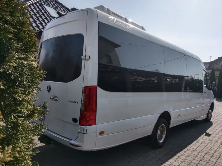  Biały van Mercedes-Benz Sprinter 519 CDI, zaparkowany na podjeździe, widok z tyłu, słoneczny dzień. 