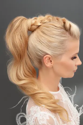  Blondynka z elegancką wysoką fryzurą z warkoczem i falami, widok z profilu na szarym tle. 