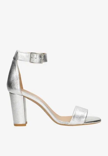 Srebrne sandały na obcasie, damskie, eleganckie, z paskiem na kostkę, modne buty wieczorowe.