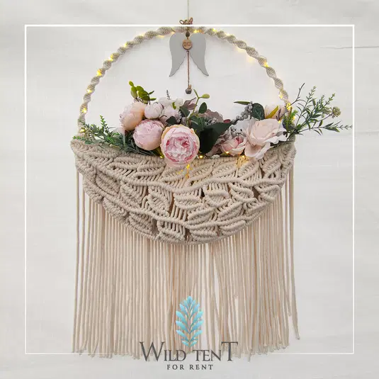  Dekoracja makramowa z kwiatami, girlanda świetlna LED, ręcznie robiona ozdoba ścienna, styl boho. 