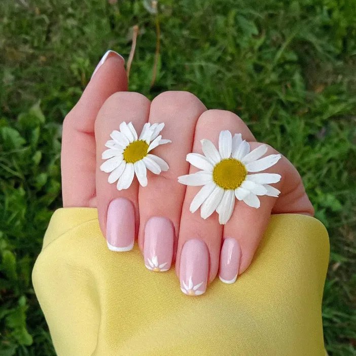 Delikatny manicure French z ozdobą z rumianku na tle zielonej trawy