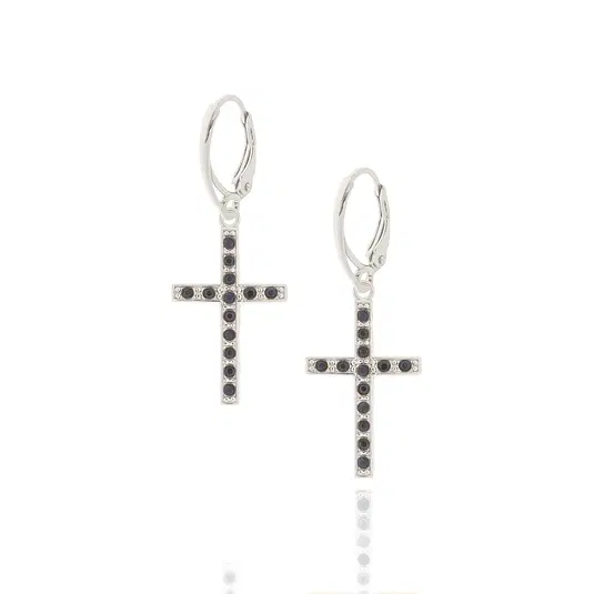  Srebrne kolczyki w kształcie krzyża z czarnymi cyrkoniami, elegancka biżuteria religijna. 