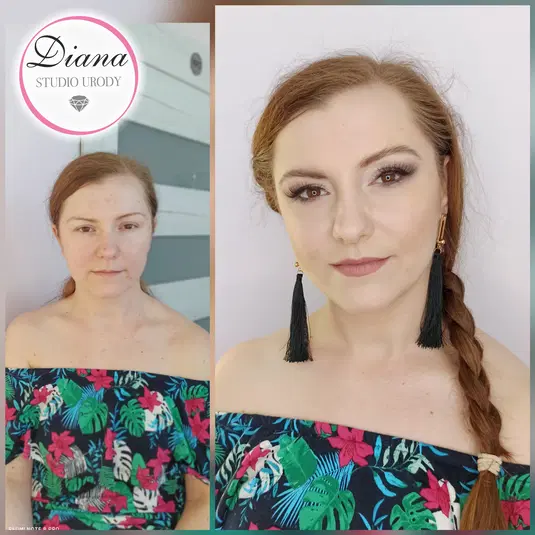  Makijaż metamorfoza przed i po w salonie urody Diana, kobieta w kwiecistej bluzce z delikatnym makijażem, eleganckie kolczyki, studio urody, profesjonalne usługi kosmetyczne. 