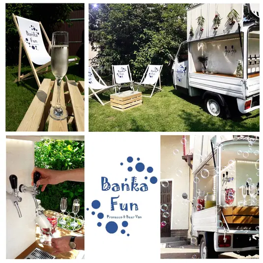  Bańka Fun Prosecco & Beer Van oferujący napoje na świeżym powietrzu, leżaki z brandingiem w ogrodzie, dekoracyjne bąbelki, mobilny bar z prosecco i piwem, idealny na eventy i przyjęcia plenerowe. 
