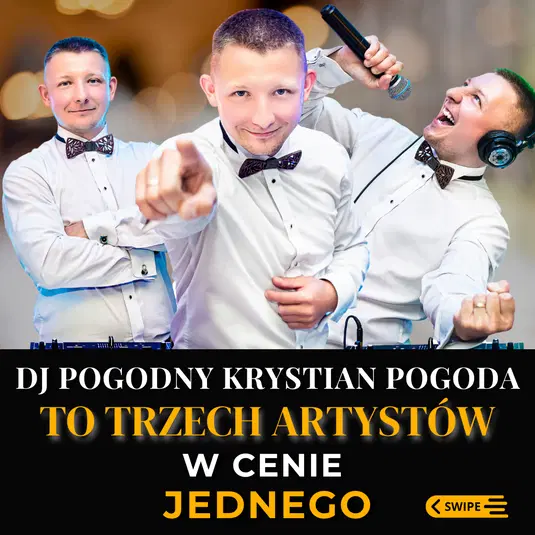  Trzech DJ w białych koszulach i muchach z mikrofonem, DJ sprzętem i pogodnym wyrazem twarzy na plakacie promującym występ artystyczny. 