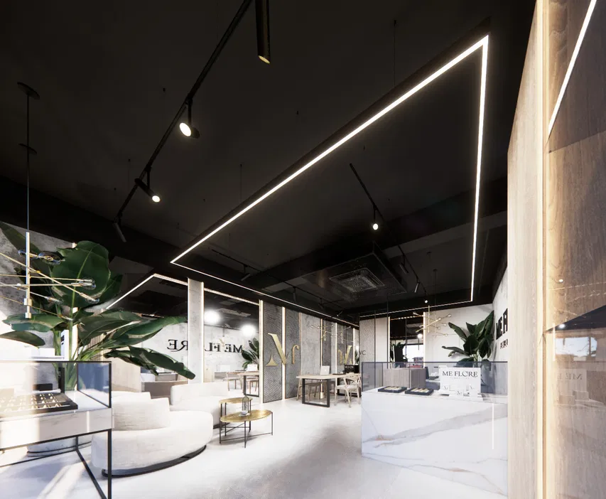 Nowoczesne wnętrze sklepu jubilerskiego z eleganckim oświetleniem i wystrojem minimalistycznym, białe sofy, rośliny ozdobne, stylowy design.