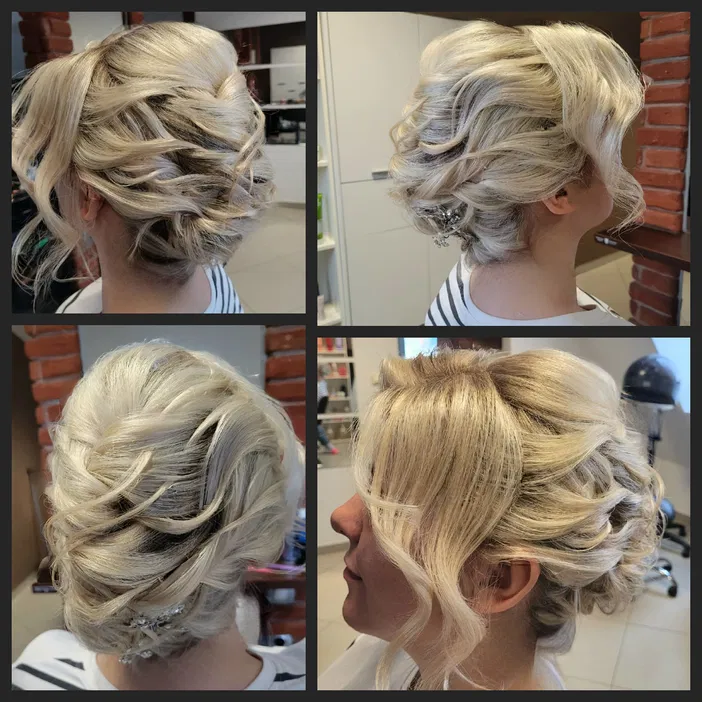 Upięcie ślubne blond włosy, elegancki kok, fryzura wieczorowa, stylizacja włosów na wesele.