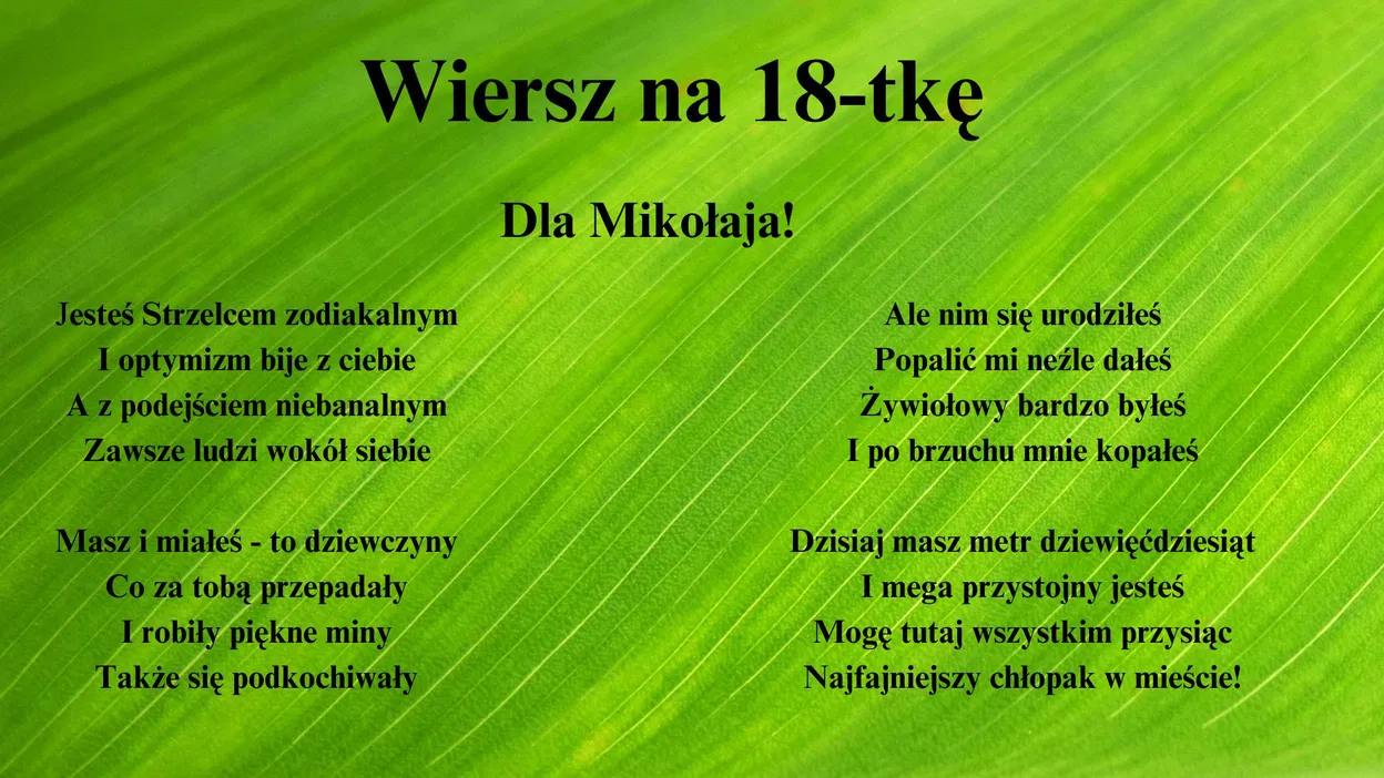 Wiersz na 18-tkę dla Mikołaja - zielone tło z tekstem poetyckim o optymizmie, zodiaku Strzelca i żywiołowej naturze.