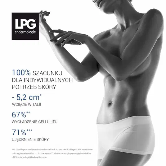  Zdjęcie kobiety promującej zabieg LPG endermologie na redukcję cellulitu i ujędrnianie skóry, z obietnicą zmniejszenia obwodu talii o 5,2 cm oraz poprawy gładkości skóry. 