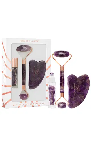  Zestaw do pielęgnacji twarzy Crystallove z ametystem, wałek do masażu twarzy, kamień gua sha, roller do twarzy, kosmetyki organiczne. 