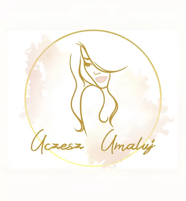 Logo salonu kosmetycznego Uczesz Umaluj z sylwetką kobiety i włosami, elegancki design, minimalizm, złote odcienie, usługi fryzjerskie i kosmetyczne.