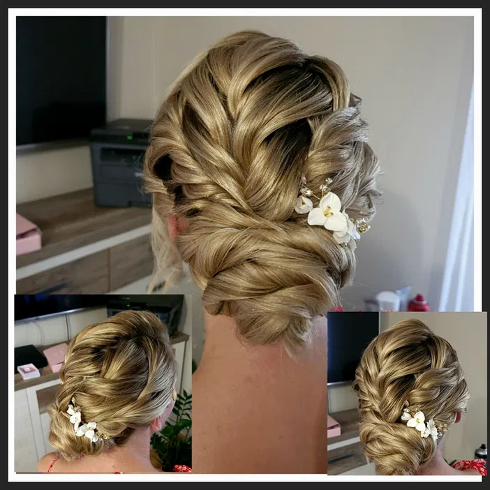 Upięcie ślubne z blond włosami, elegancka fryzura z kwiatową ozdobą, romantyczny styl, idealna fryzura na wesele.