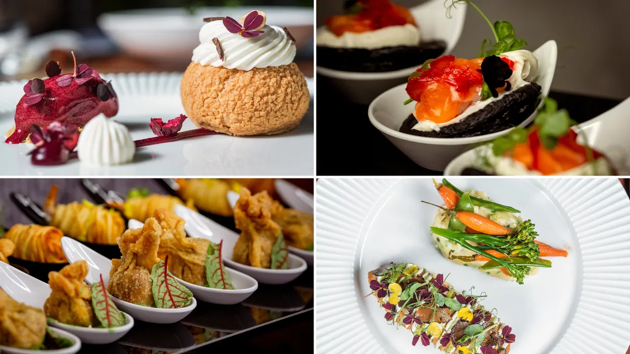 Cztery dania gourmet na elegancko podanych talerzach, w tym wyrafinowane desery, przekąski i dania główne z kolorowymi składnikami i dekoracjami, idealne na luksusową kolację w restauracji.