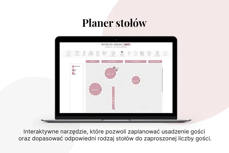  Planer stołów weselnych na ekranie laptopa, interaktywne narzędzie do planowania usadzenia gości, aplikacja Wedding Dream. 