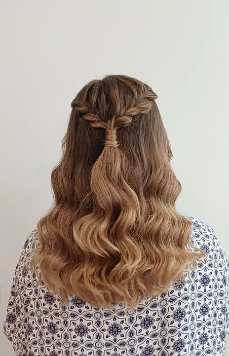 Fryzura z warkoczem i falami na długich włosach blond.