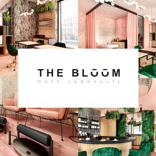  Wnętrze salonu kosmetycznego The Bloom z eleganckim wystrojem, różowymi zasłonami, zielonymi roślinami i nowoczesnym oświetleniem. 