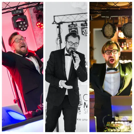  DJ na imprezie, fotokolumna: energiczny prowadzący w garniturze, rozświetlenie sceny, mikrofon i konsola DJ-ska. 