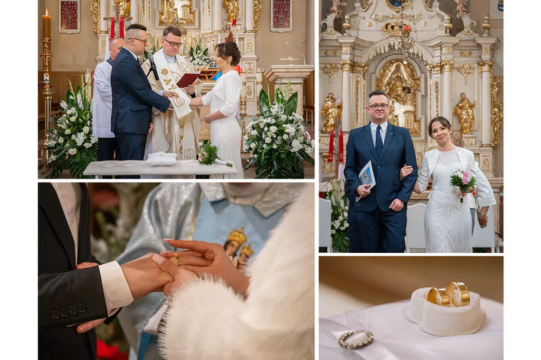 Ceremonia ślubna w kościele, błogosławieństwo pary młodej, wymiana obrączek, para młoda po ceremonii, złote obrączki na białej poduszce.