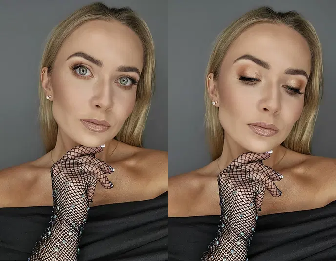 Kobieta w eleganckiej siateczkowej rękawiczce, delikatny makijaż, zamknięte i otwarte oczy, blond włosy, portret studyjny. 