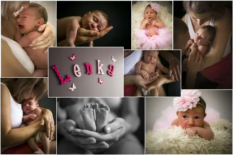  Collage z noworodkiem o imieniu Lenka, w różnych ujęciach z rodzicami, tekst w środku z napisem Lenka, delikatne motywy kwiatowe i dziecięce akcenty. 