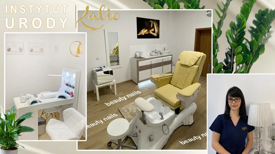  Instytut Urody Kalko - Gabinet kosmetyczny, stanowisko do manicure i pedicure, fotel SPA, aranżacja wnętrza z roślinami, profesjonalna obsługa kosmetologiczna. 