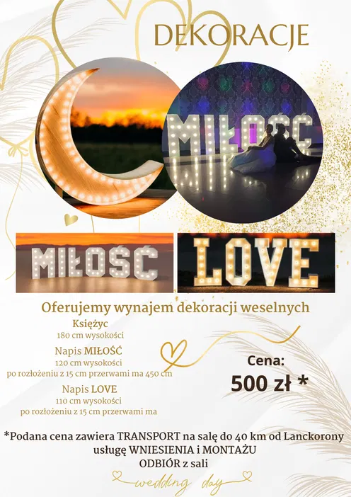 Dekoracyjne napisy na wynajem, księżyc i słowa Miłość oraz Love z podświetleniem LED na wesele, cena 500 zł, transport i montaż do 40 km od Lanckorony.
