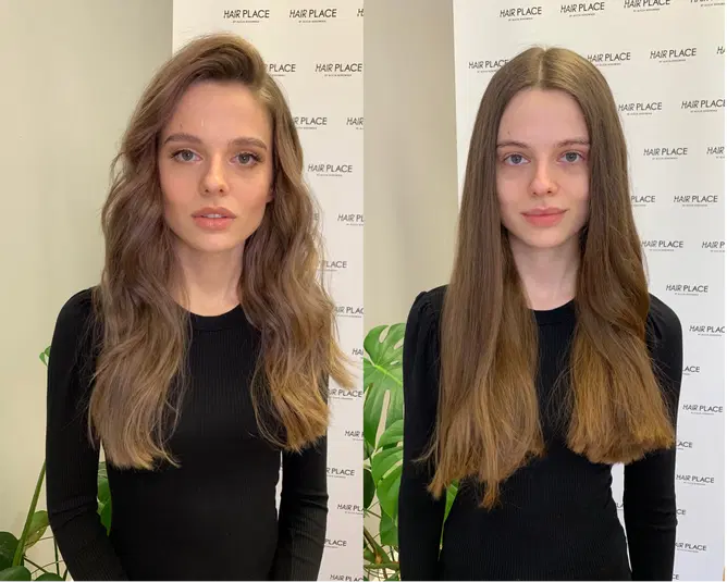  Przed i po metamorfozie włosów - zdjęcie przedstawiające efekt zabiegu fryzjerskiego, zmiana fryzury z długich prostych na falowane, salon fryzjerski, Hair Place. 