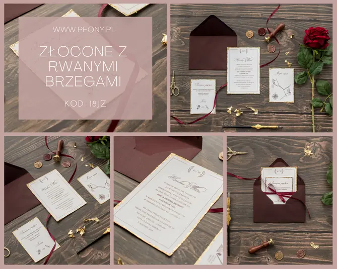  Zestaw eleganckich zaproszeń ślubnych z złotymi akcentami i rwanymi brzegami, kod produktu 18JZ, prezentowany na drewnianym tle wraz z czerwonymi różami i pieczęcią lakową. 