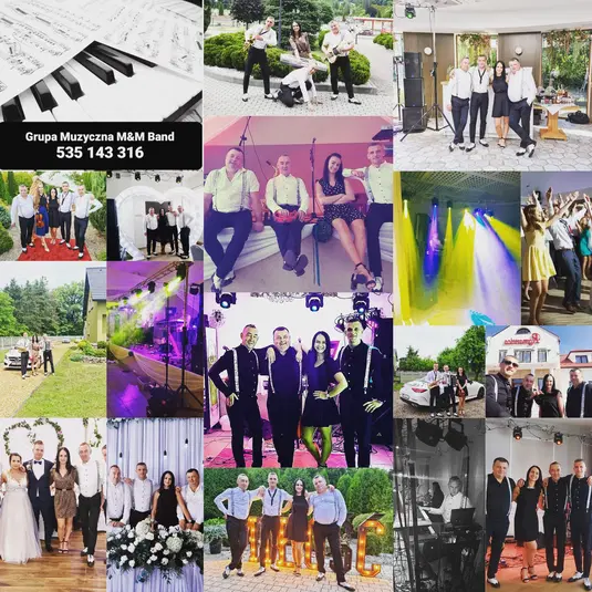  Zdjęcie przedstawiające zespół muzyczny M&M Band podczas różnych występów i sesji, oświetlenie sceniczne, instrumenty muzyczne, członkowie zespołu oraz goście na weselu. 